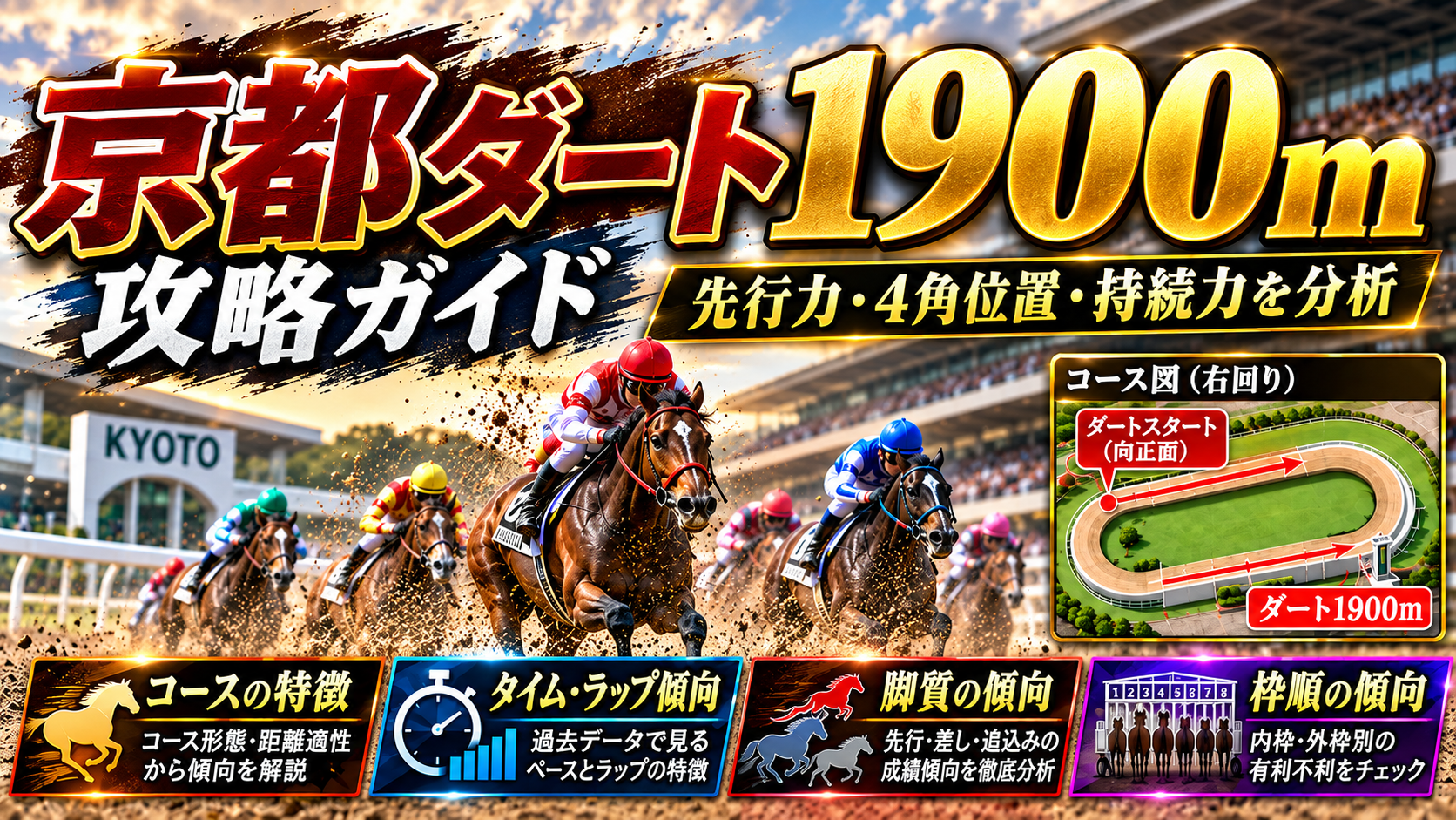 京都ダート1900mのコース特徴・タイム・ラップ・脚質・枠順をデータ分析した攻略ガイド